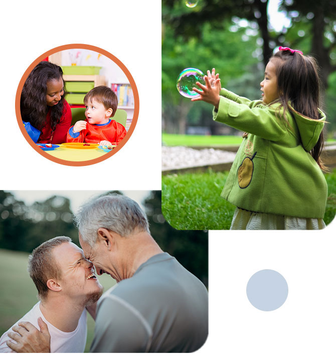 young girl playing outside with bubbles, young girl having lunch with behavior therapist, dad and son embracing, autistic care provider, applicable insurance company logos