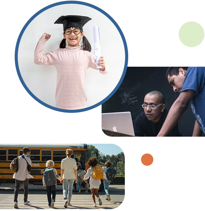 young girl wearing graduation cap, student and teaching working on an apple laptop, kids and and adult walking towards a school bus on a nice day